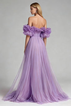 Lilac Off the Shoulder Tulle A Line Long Formal Dress with Ruffles