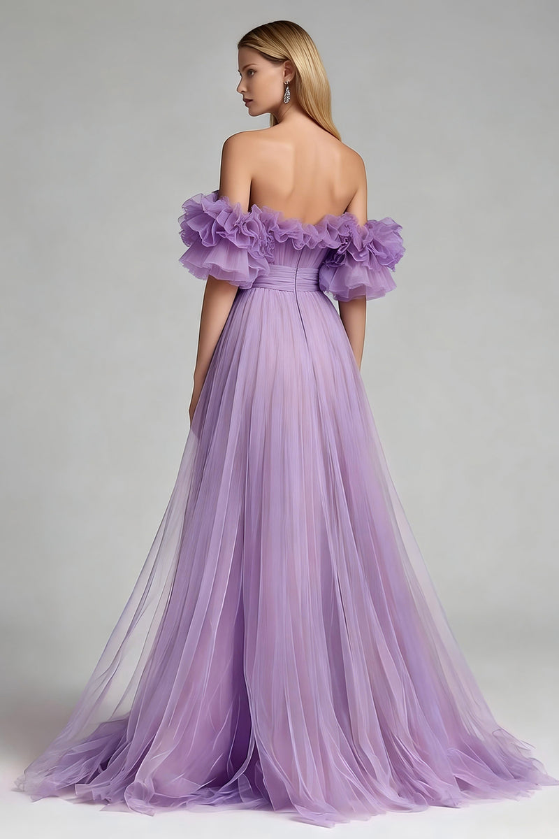 Load image into Gallery viewer, Lilac Off the Shoulder Tulle A Line Long Formal Dress with Ruffles