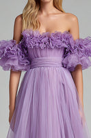 Load image into Gallery viewer, Lilac Off the Shoulder Tulle A Line Long Formal Dress with Ruffles