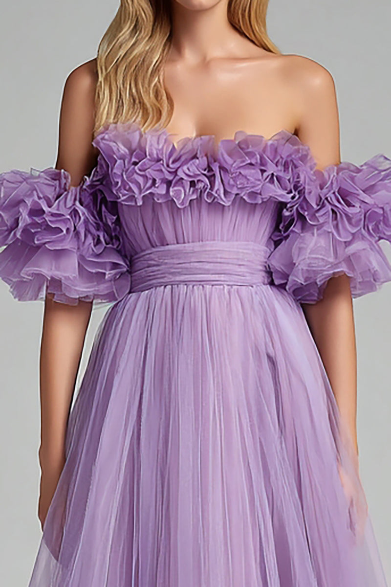 Load image into Gallery viewer, Lilac Off the Shoulder Tulle A Line Long Formal Dress with Ruffles