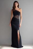 Load image into Gallery viewer, Black One Shoulder Long Mermaid Formal Dress with Lace