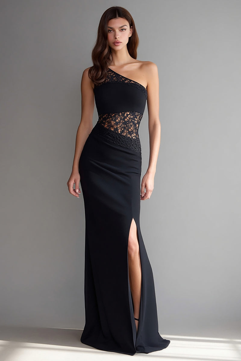 Load image into Gallery viewer, Black One Shoulder Long Mermaid Formal Dress with Lace