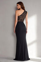Load image into Gallery viewer, Black One Shoulder Long Mermaid Formal Dress with Lace