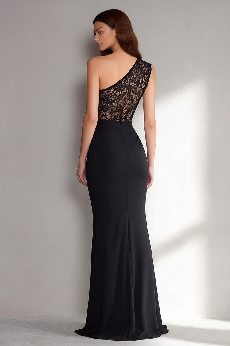 Load image into Gallery viewer, Black One Shoulder Long Mermaid Formal Dress with Lace