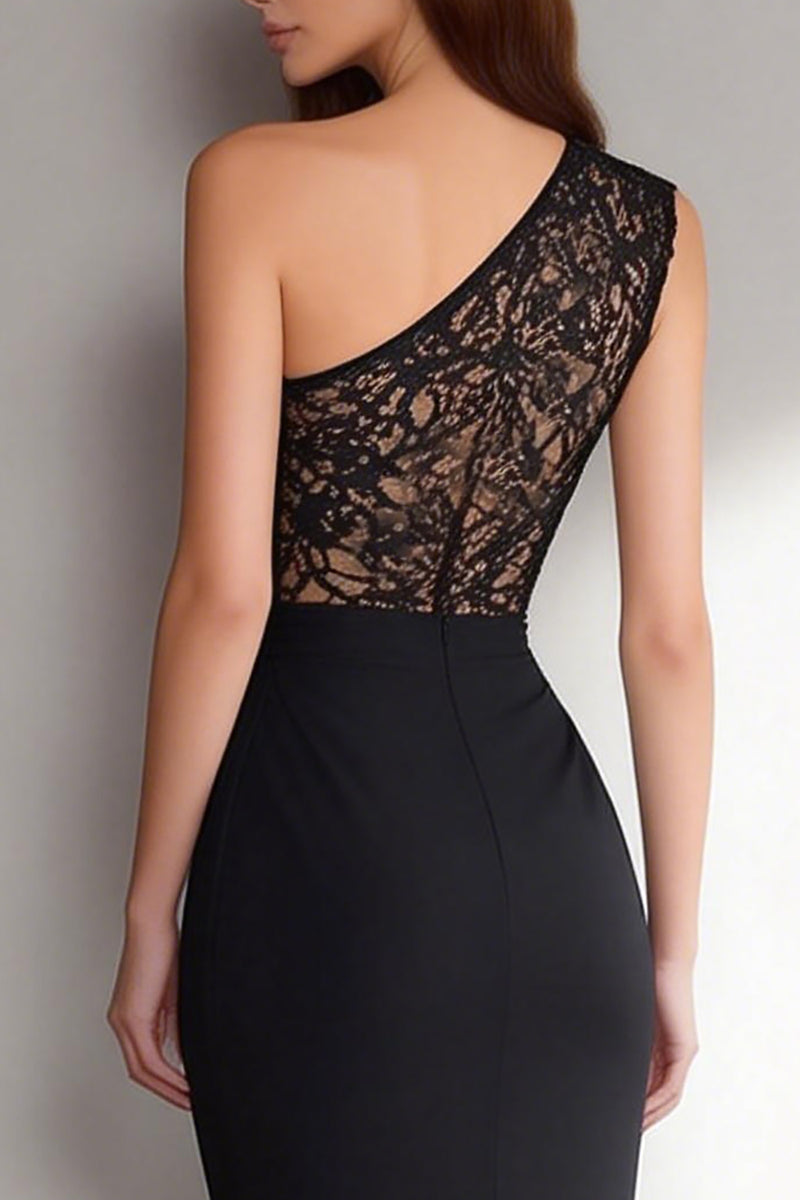 Load image into Gallery viewer, Black One Shoulder Long Mermaid Formal Dress with Lace