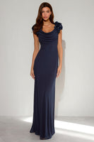 Load image into Gallery viewer, Navy Cowl Neck Mermaid Long Formal Dress with 3D Flowers