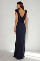 Load image into Gallery viewer, Navy Cowl Neck Mermaid Long Formal Dress with 3D Flowers