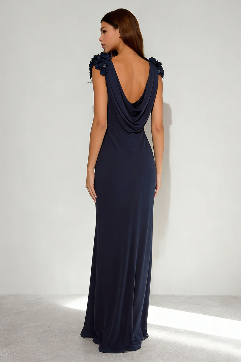 Load image into Gallery viewer, Navy Cowl Neck Mermaid Long Formal Dress with 3D Flowers