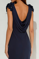 Load image into Gallery viewer, Navy Cowl Neck Mermaid Long Formal Dress with 3D Flowers