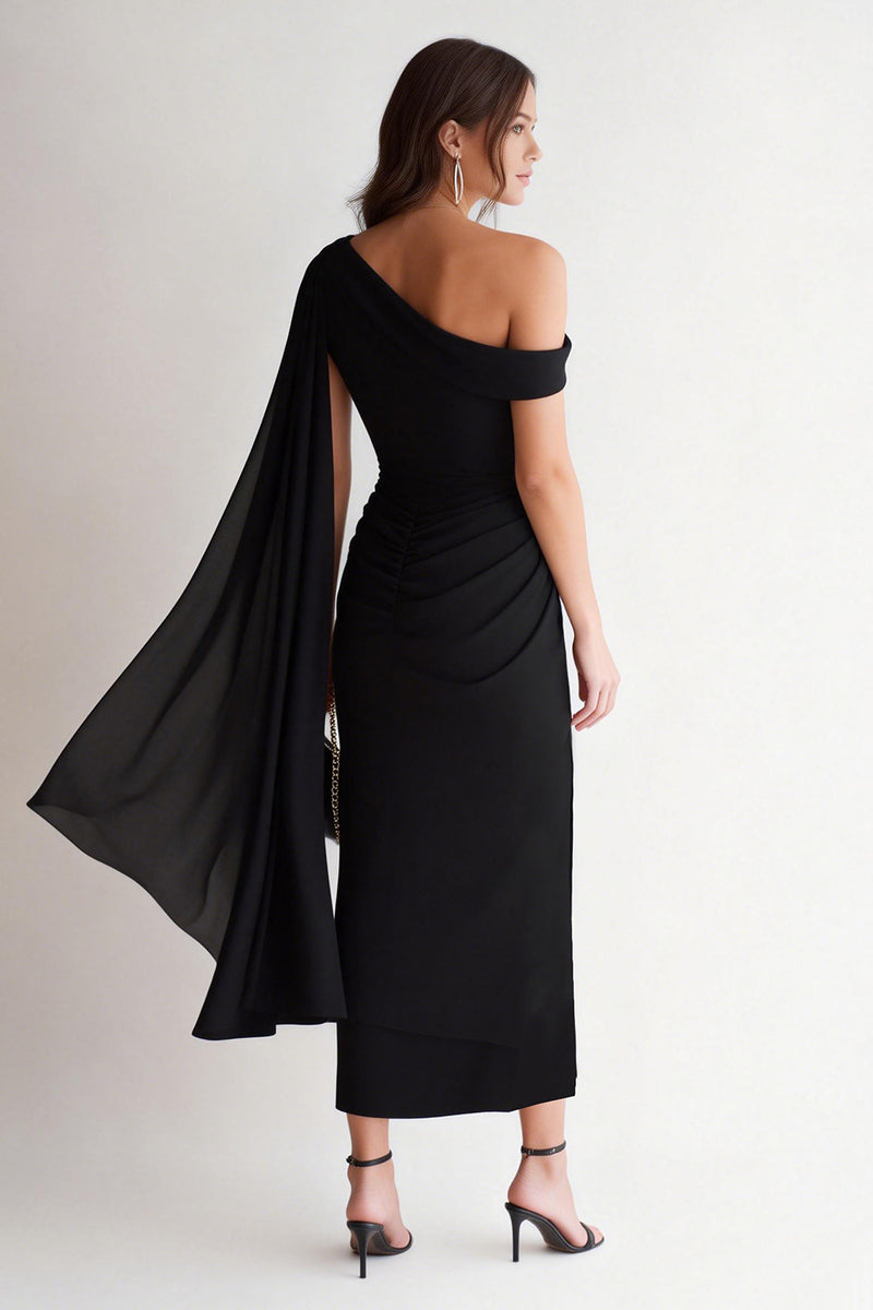 Load image into Gallery viewer, Black Asymmetrical Neck Bodycon Midi Formal Dress with Side Cape