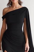 Load image into Gallery viewer, Black Asymmetrical Neck Bodycon Midi Formal Dress with Side Cape