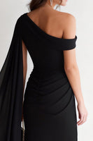 Load image into Gallery viewer, Black Asymmetrical Neck Bodycon Midi Formal Dress with Side Cape