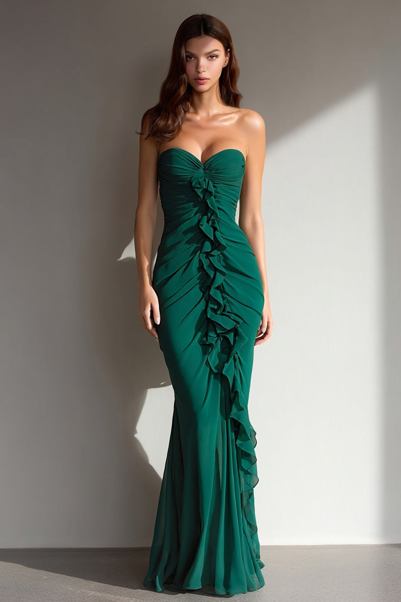Load image into Gallery viewer, Dark Green Sweetheart Mermaid Long Formal Dress with Ruffles