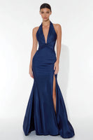 Load image into Gallery viewer, Navy Halter Neck Mermaid Long Formal Dress with Slit