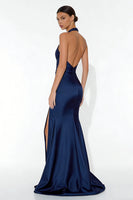 Load image into Gallery viewer, Navy Halter Neck Mermaid Long Formal Dress with Slit