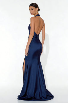 Navy Halter Neck Mermaid Long Formal Dress with Slit