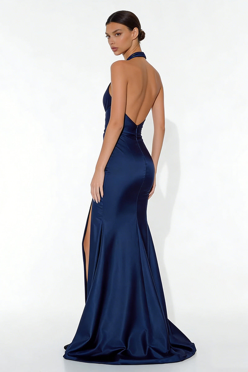 Load image into Gallery viewer, Navy Halter Neck Mermaid Long Formal Dress with Slit