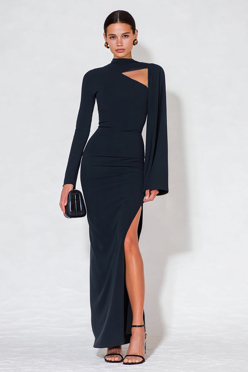 Load image into Gallery viewer, Navy High Neck Mermaid Long Sleeves Formal Dress with Slit