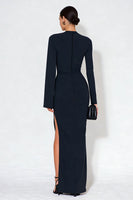 Load image into Gallery viewer, Navy High Neck Mermaid Long Sleeves Formal Dress with Slit