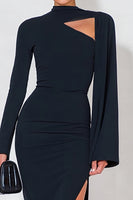 Load image into Gallery viewer, Navy High Neck Mermaid Long Sleeves Formal Dress with Slit