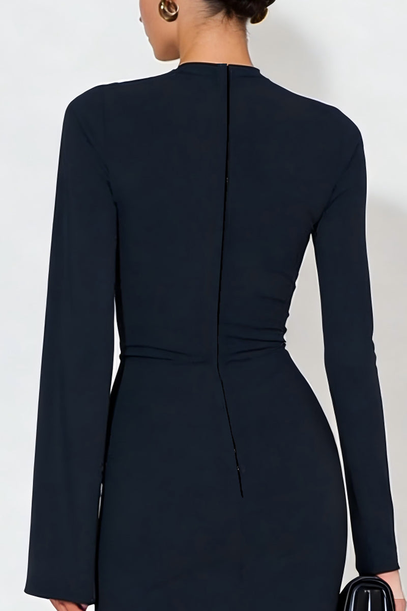 Load image into Gallery viewer, Navy High Neck Mermaid Long Sleeves Formal Dress with Slit