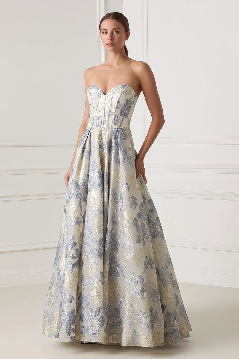Load image into Gallery viewer, Dusty Blue Floral Sweetheart A Line Long Corset Formal Dress