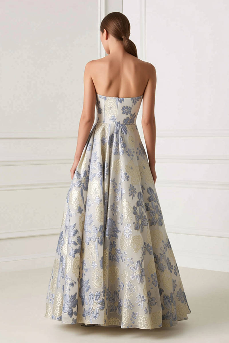 Load image into Gallery viewer, Dusty Blue Floral Sweetheart A Line Long Corset Formal Dress