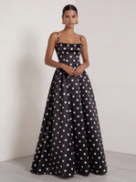 Load image into Gallery viewer, Black and White Polka Dots Spaghetti Straps A Line Long Formal Dress