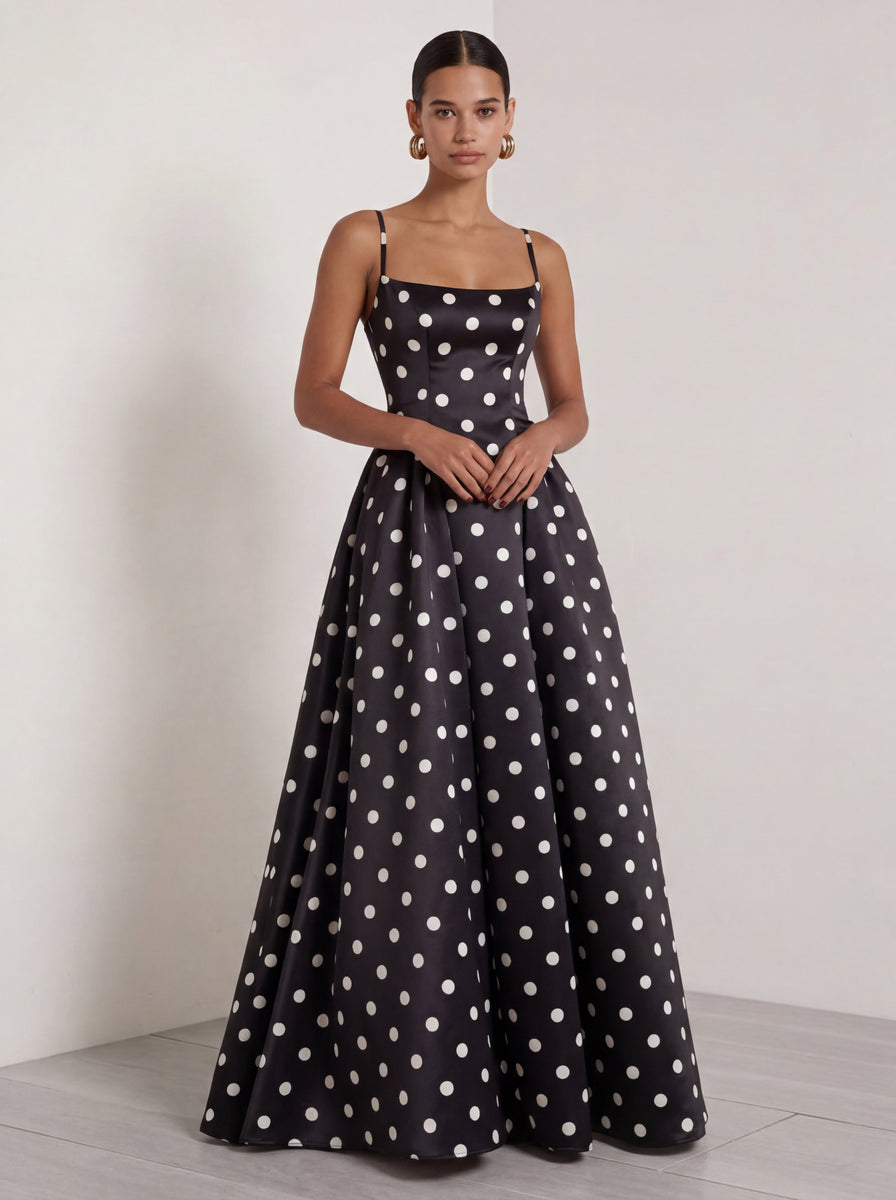 Load image into Gallery viewer, Black and White Polka Dots Spaghetti Straps A Line Long Formal Dress