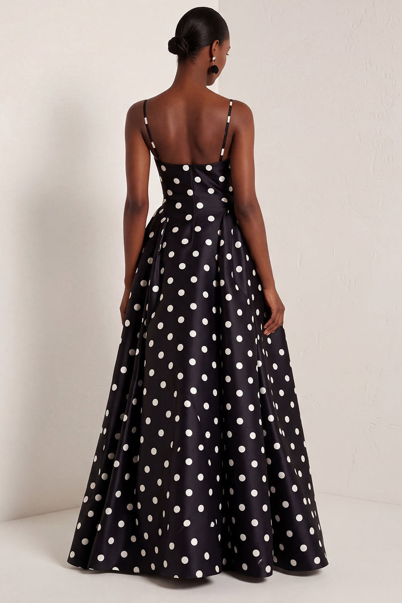 Load image into Gallery viewer, Black and White Polka Dots Spaghetti Straps A Line Long Formal Dress