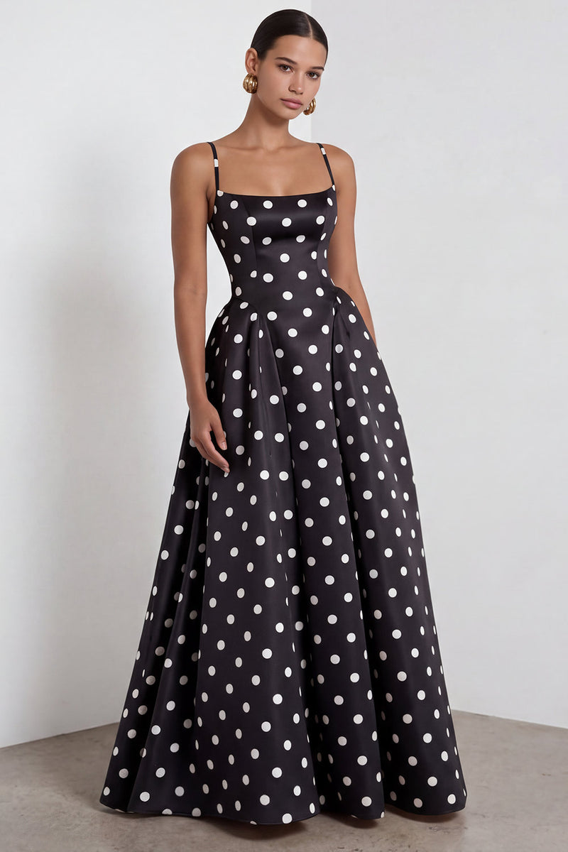 Load image into Gallery viewer, Black and White Polka Dots Spaghetti Straps A Line Long Formal Dress