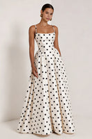 Load image into Gallery viewer, Black and White Polka Dots Spaghetti Straps A Line Long Formal Dress