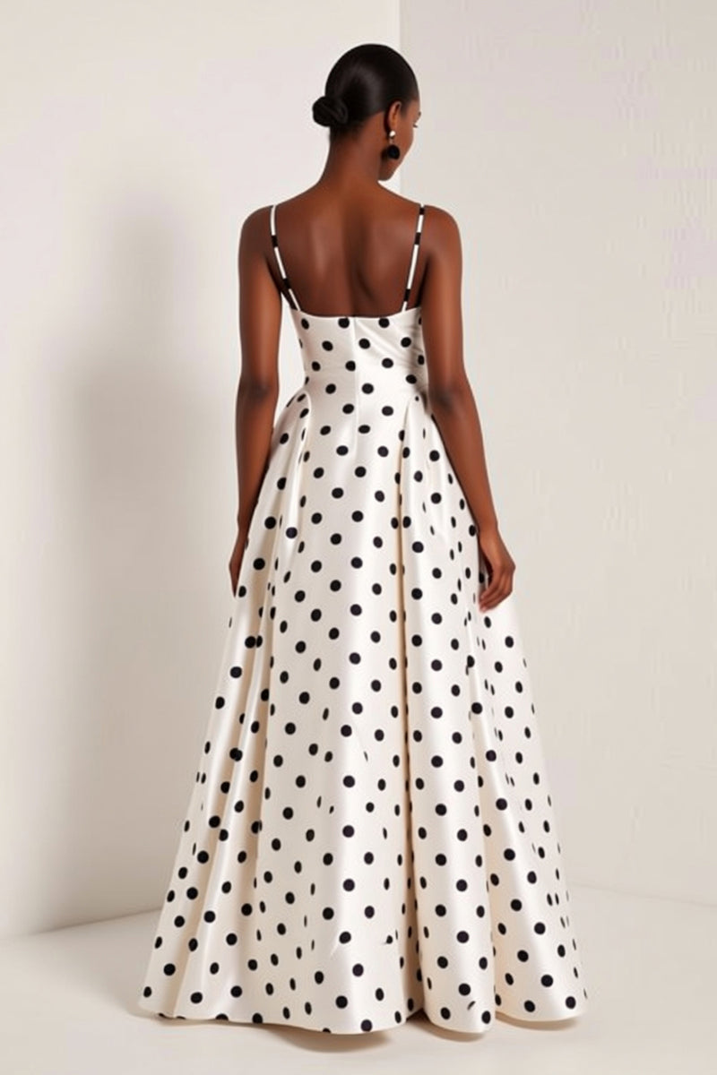 Load image into Gallery viewer, Black and White Polka Dots Spaghetti Straps A Line Long Formal Dress
