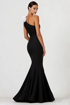 Black One Shoulder Mermaid Long Formal Dress with 3D Flower
