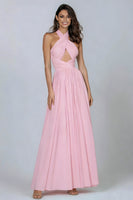 Load image into Gallery viewer, Pink Halter Neck A Line Pleated Long Formal Dress with Keyhole