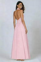 Load image into Gallery viewer, Pink Halter Neck A Line Pleated Long Formal Dress with Keyhole