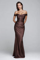 Load image into Gallery viewer, Coffee Off the Shoulder Mermaid Long Formal Dress