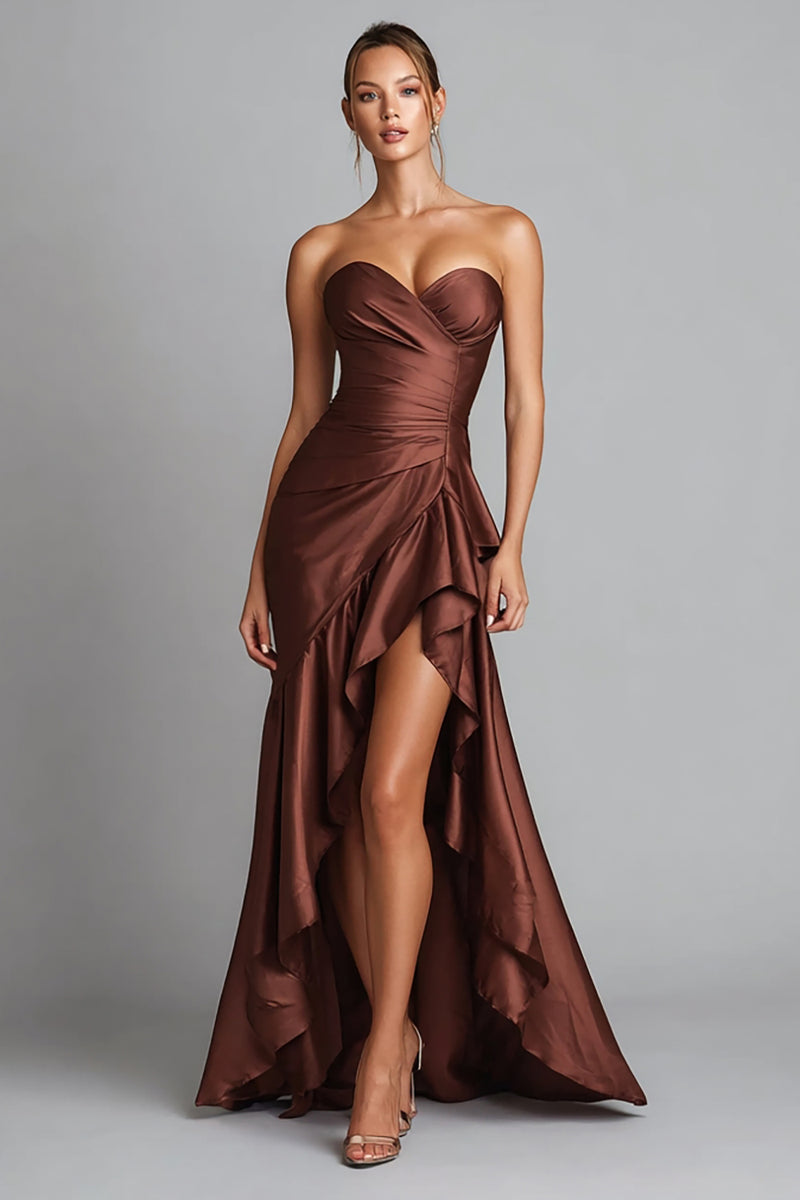 Load image into Gallery viewer, Brown Sweetheart Ruffled Mermaid Asymmetrical Formal Dress with Slit