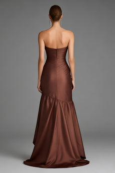 Brown Sweetheart Ruffled Mermaid Asymmetrical Formal Dress with Slit