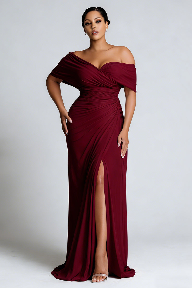 Load image into Gallery viewer, Burgundy Plus Size Off the Shoulder Sheath Long Formal Dress with Slit