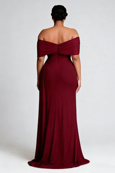 Burgundy Plus Size Off the Shoulder Sheath Long Formal Dress with Slit