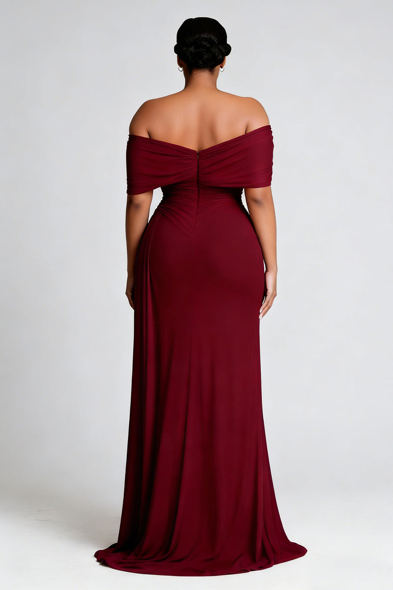 Load image into Gallery viewer, Burgundy Plus Size Off the Shoulder Sheath Long Formal Dress with Slit
