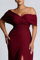 Load image into Gallery viewer, Burgundy Plus Size Off the Shoulder Sheath Long Formal Dress with Slit