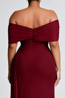 Load image into Gallery viewer, Burgundy Plus Size Off the Shoulder Sheath Long Formal Dress with Slit
