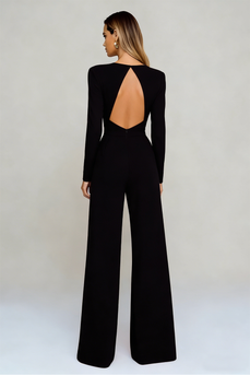 Black Round Neck Long Formal Jumpsuits with Sleeves