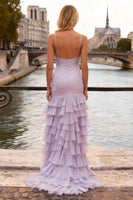 Load image into Gallery viewer, Light Purple Chiffon Spaghetti Straps Ruffled Long Prom Dress with Slit