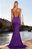 Load image into Gallery viewer, Purple Chiffon Lace Up Back Long Mermaid Prom Dress with Keyhole