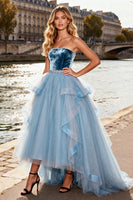 Load image into Gallery viewer, Sparkly Sky Blue Tulle Velvet Long A Line Prom Dress with Ruffles