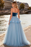 Load image into Gallery viewer, Sparkly Sky Blue Tulle Velvet Long A Line Prom Dress with Ruffles
