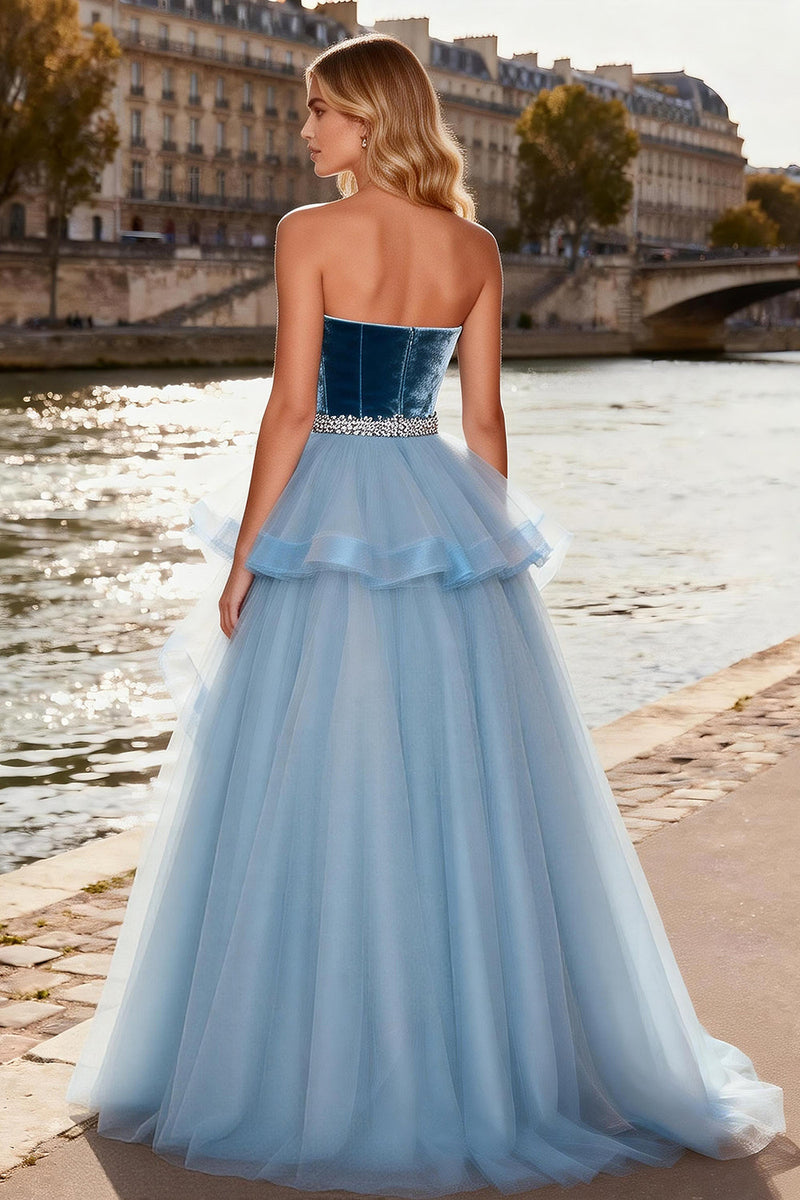 Load image into Gallery viewer, Sparkly Sky Blue Tulle Velvet Long A Line Prom Dress with Ruffles